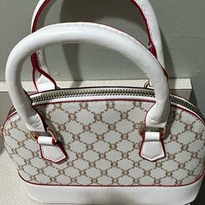White Patterned Dome Satchel Handbag with Pink Trim